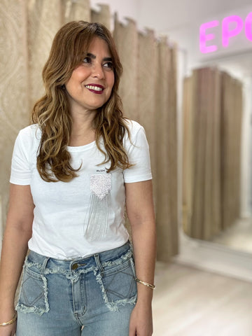 CAMISETA FLECOS STRASS BLANCA