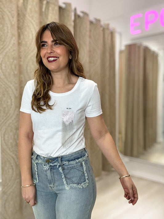 CAMISETA FLECOS STRASS BLANCA