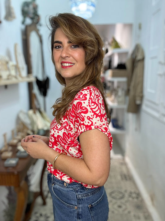 CAMISETA ROCIO ROJA Y NATA
