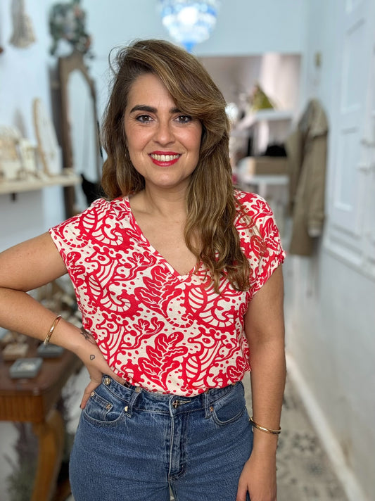 CAMISETA ROCIO ROJA Y NATA
