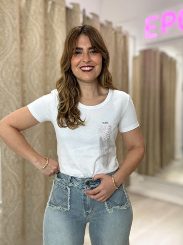 CAMISETA FLECOS STRASS BLANCA